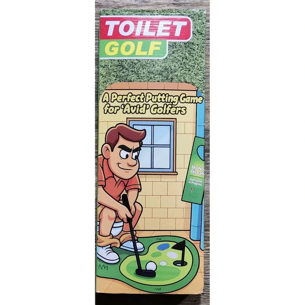 Toilet Golf Mini Putting Green 6 Pc Set Gag Gift Putter Balls Cup Flag Door
